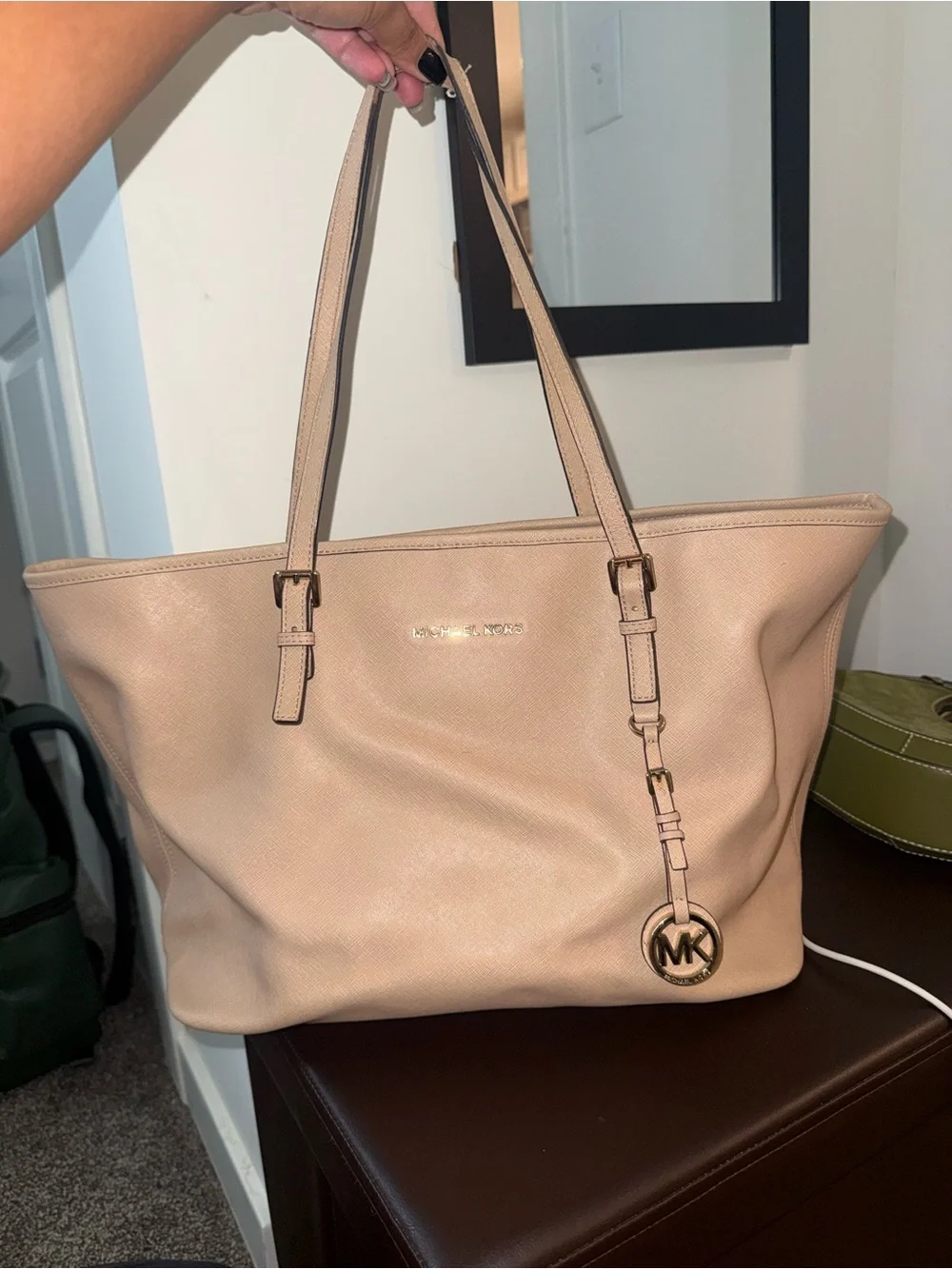 Michael Kors Beige Saffiano Leather Tote with Gold MK Charm